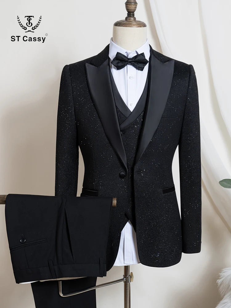 Luxury man suits high quality 3 pieces littering rhinestone embellishment Wedding Dress Shining flash diamond Tuxedo Dinner Suit Good Vibrations