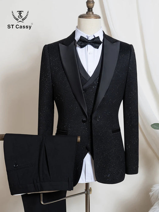 Luxury man suits high quality 3 pieces littering rhinestone embellishment Wedding Dress Shining flash diamond Tuxedo Dinner Suit Good Vibrations
