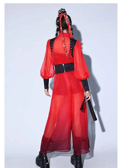 Jazz costume in Chinese-style red with black accents, sheer fabric, women's fashion for business show series.