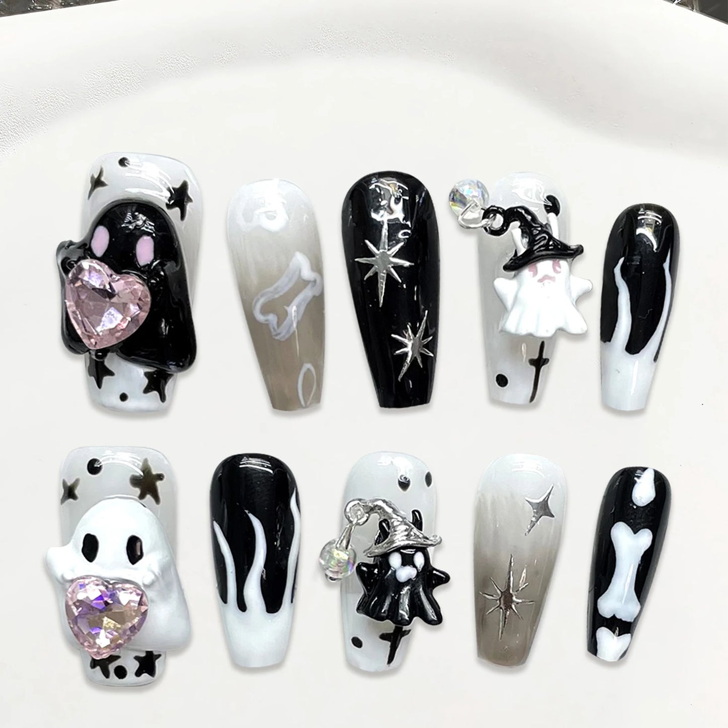 Handmade Press on Nails Cute White Ghost 3D Crystal Decor False Nails Full Cover Wearable Sweet Cool Girls Halloween Fake Nails Good Vibrations