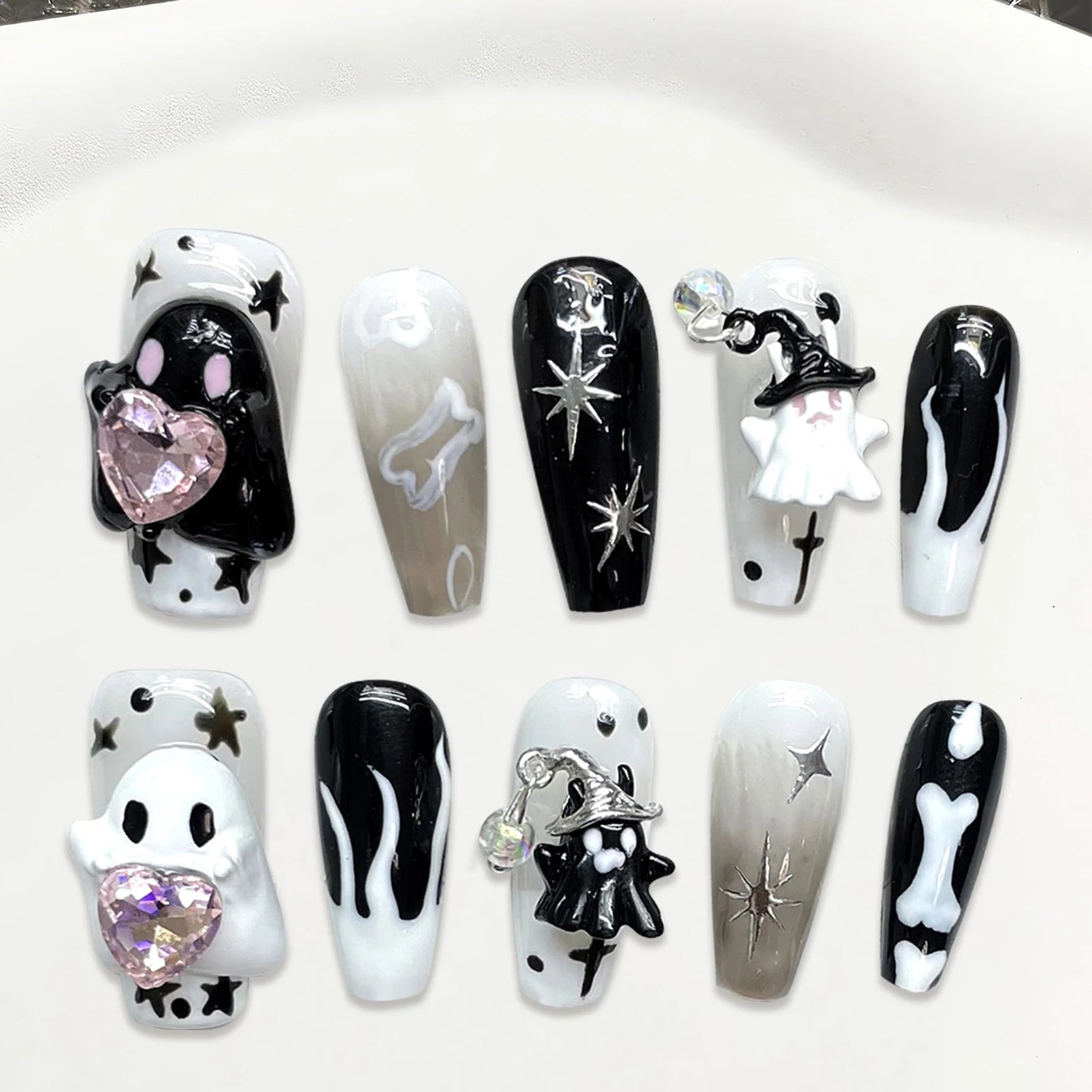 Handmade Press on Nails Cute White Ghost 3D Crystal Decor False Nails Full Cover Wearable Sweet Cool Girls Halloween Fake Nails Good Vibrations