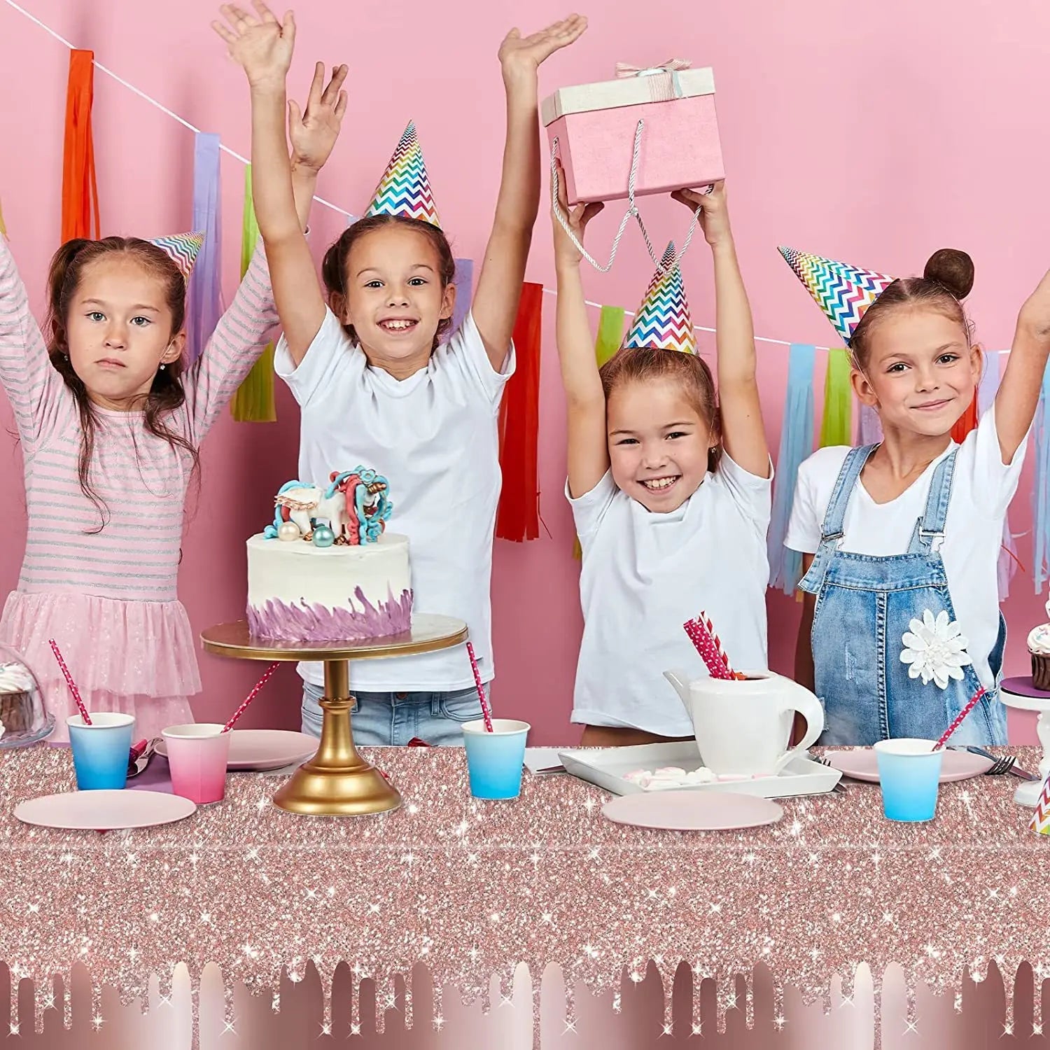 Pink Rose Gold Wedding Party Supplies Tablecloth for Kid Disposable Table Cover Favor Cartoon Story Birthday Festival Decoration Good Vibrations