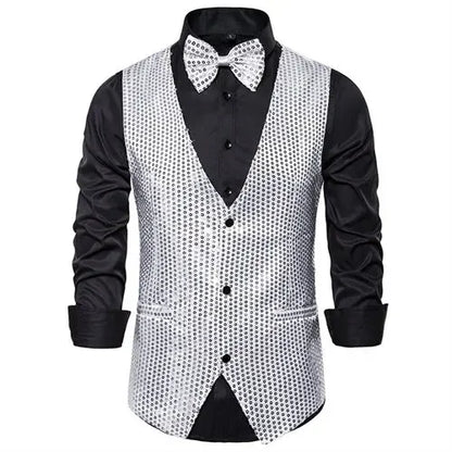 Gold Men's Sequin Vest Jacket, Single-breasted V-neck Sleeveless Vests Coat, Wedding Party Waistcoat Silver Blue Purple Red Tops