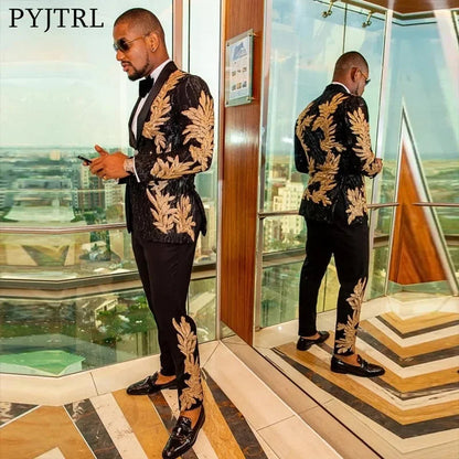 Men's Gold Sequin Applique Fashion Trend Suit Set High-Quality Casual Jacket And Western Pants Two-Piece Ensemble Good Vibrations