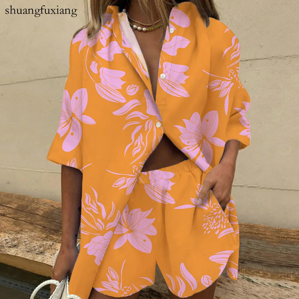 Two Piece Sets Womens Outfits Summer Casual Loose Print Two Piece Sets Fall Boho Beach Holiday Half Sleeve Shirt And Shorts Sets Good Vibrations