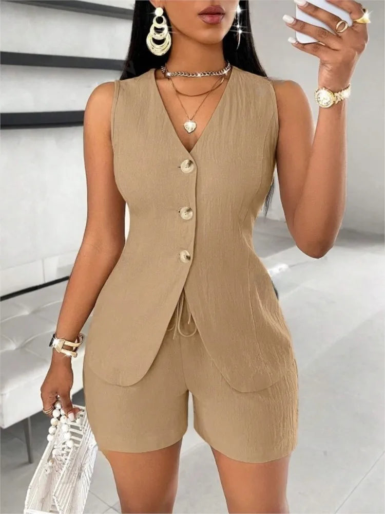 2025 New Women Fashion Casual Set Of 2 Pieces Summer Top Button Elegant Solid Office Holiday Short Pant Suit Womens Clothing Good Vibrations