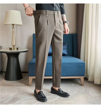 Mens Suit Pants 2025 Autumn New British Style Elastic Waist Solid Casual Formal Dress Pants Slim Fit Trousers for Men Clothing Good Vibrations