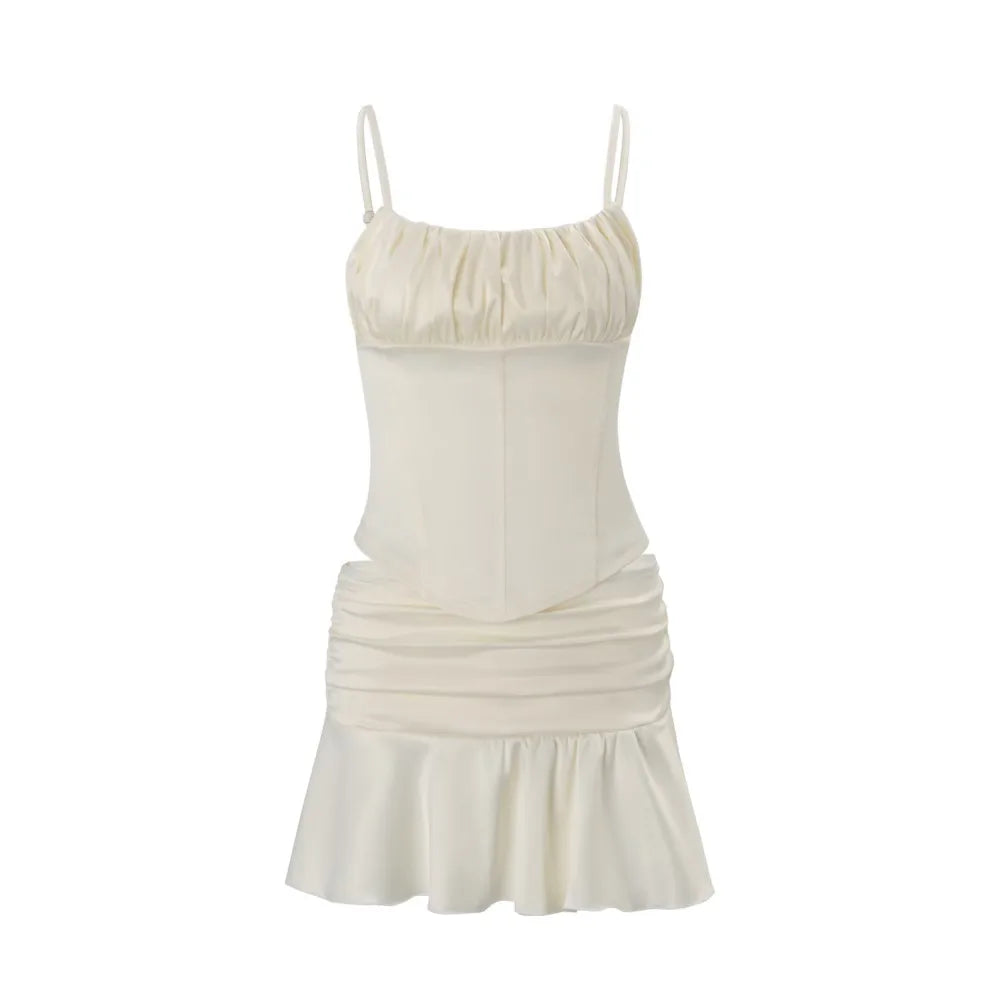 Elegant Women's Matching Sets Two Piece Outfits 2 Pieces Set For Woman French Slim Top Skirts Ruffles Solid Color Straps Pleated Good Vibrations