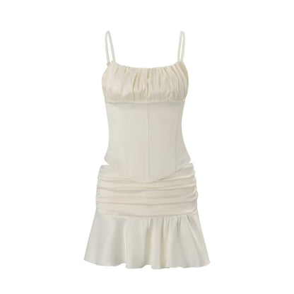 Elegant Women's Matching Sets Two Piece Outfits 2 Pieces Set For Woman French Slim Top Skirts Ruffles Solid Color Straps Pleated Good Vibrations
