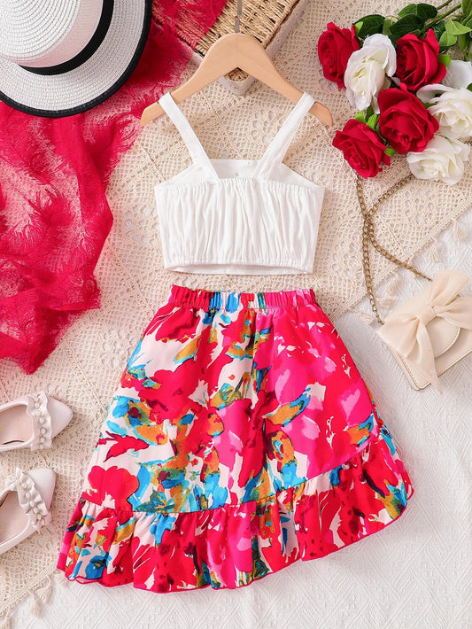 2-Piece Set for Girls, Fashionable Summer Outfit, Solid Color Knitted Button-Up Camisole Short Top + Elastic Waist Floral Print Skirt, Casual and Comfortable Everyday Wear for Girls, Youthful and Versatile Children's Clothing Good Vibrations