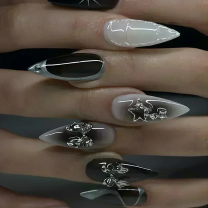 24Pcs False Nails Spicy Girl Silver Bow with Diamond Fake Nails with Glue Almond Press on Nails Black Cool Y2k Almond Nail Set Good Vibrations