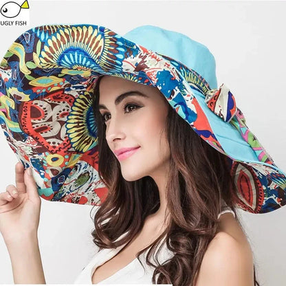 Sun Hats for Women Summer Large Beach Hat Flower Printed Wide Brim Bob Chapeu Panama Feminino Good Vibrations