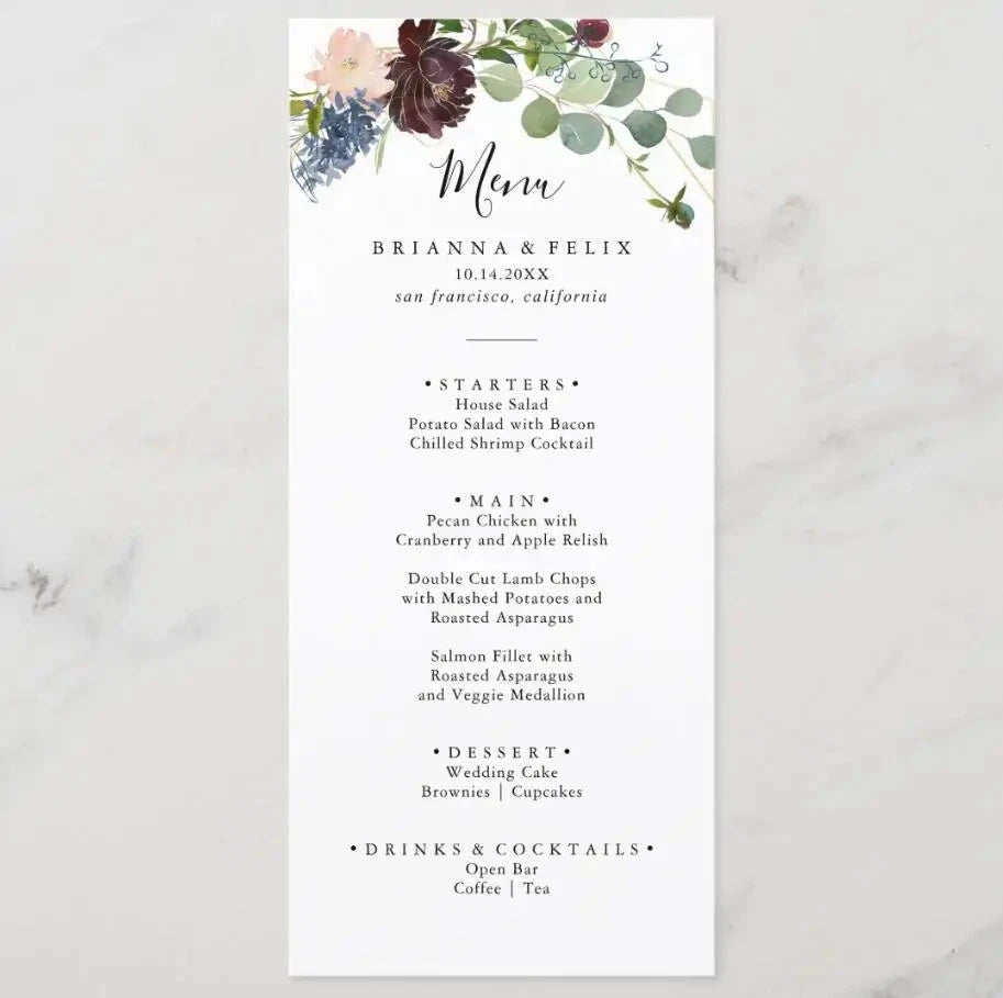 Customizable Wedding Menu, Personalized Wedding Menu, Green leaves and Flowers Menu Cards for Wedding, Custom Wedding Table Menu Good Vibrations