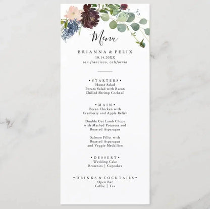 Customizable Wedding Menu, Personalized Wedding Menu, Green leaves and Flowers Menu Cards for Wedding, Custom Wedding Table Menu Good Vibrations