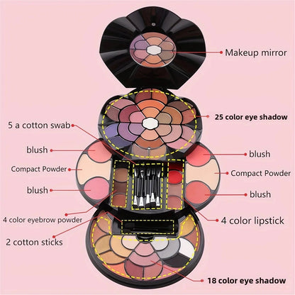 57-Color Petal Makeup Palette with 43 Eyeshadows 4 Eyebrow Powders&Blush&Lipstick And 2 Pressed Powders - All-In-One Beauty Kit Good Vibrations