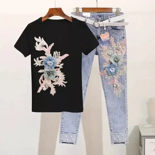 Two-Piece Suit 2025 Summer New Women Denim Pants Beading Embroidery Tshirt Tops+ High Waist Hole Jeans Female Casual Outfits Good Vibrations