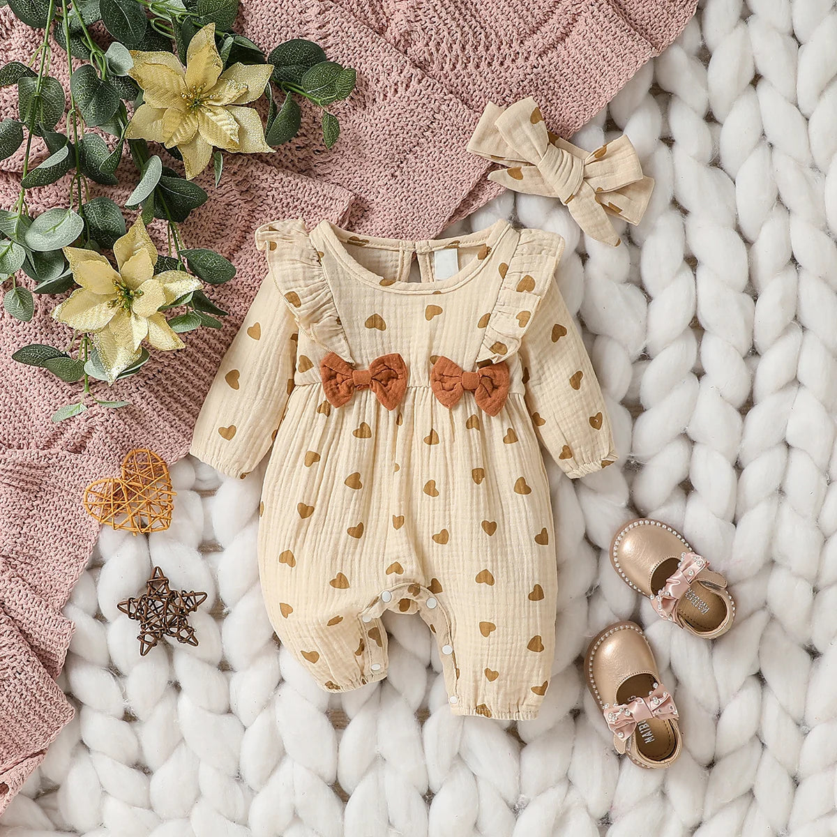 Baby Girl's All Seasons Long Sleeve Print Floral With Bow Daily Jumpsuit For Newborn-6M Clothes +Headband Good Vibrations
