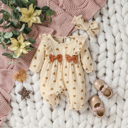 Baby Girl's All Seasons Long Sleeve Print Floral With Bow Daily Jumpsuit For Newborn-6M Clothes +Headband Good Vibrations