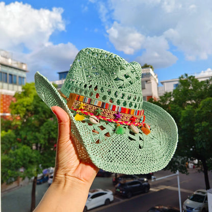 hats straw cowgirl western hat  mexican hat  retro curling hat western cowboy hat outdoor riding hat travel sports hat Good Vibrations