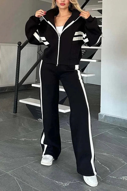 2025 Autumn Winter New Two-piece Set Women's Zipper Striped Loose Jacket Outwear And High Waist Side-striped Pants Sports Sets Good Vibrations