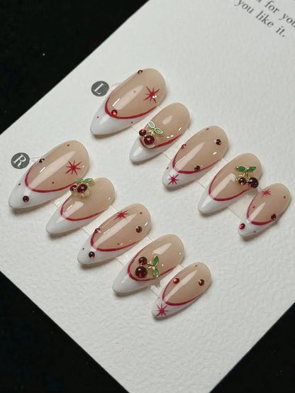 10 pieces of pure handmade almond-shaped nails, with white French tips and red cherry decorations. They are suitable for daily c Good Vibrations