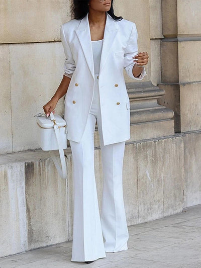 Women's Sets All Season Decent Business Plain Double Breasted Long Sleeve Lapel High Waist Full Length Formal Pants Sets
