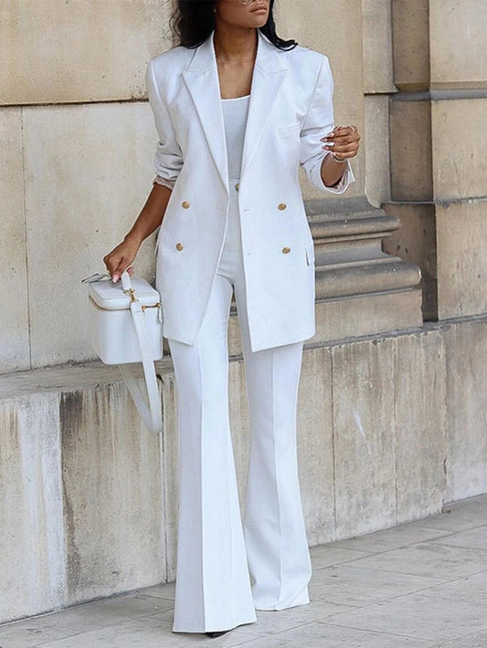 Women's Sets All Season Decent Business Plain Double Breasted Long Sleeve Lapel High Waist Full Length Formal Pants Sets Good Vibrations