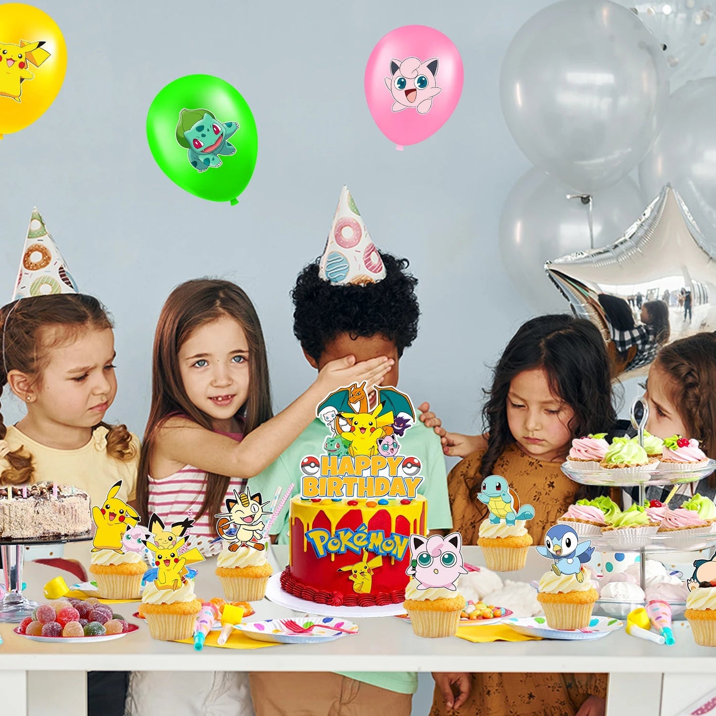 Pokemon Cake Toppers,24pcs Pokemon Cupcake Toppers&1pcs Large Pokemon Birthday Cake Topper for Pokemon Birthday Party Decoration Good Vibrations