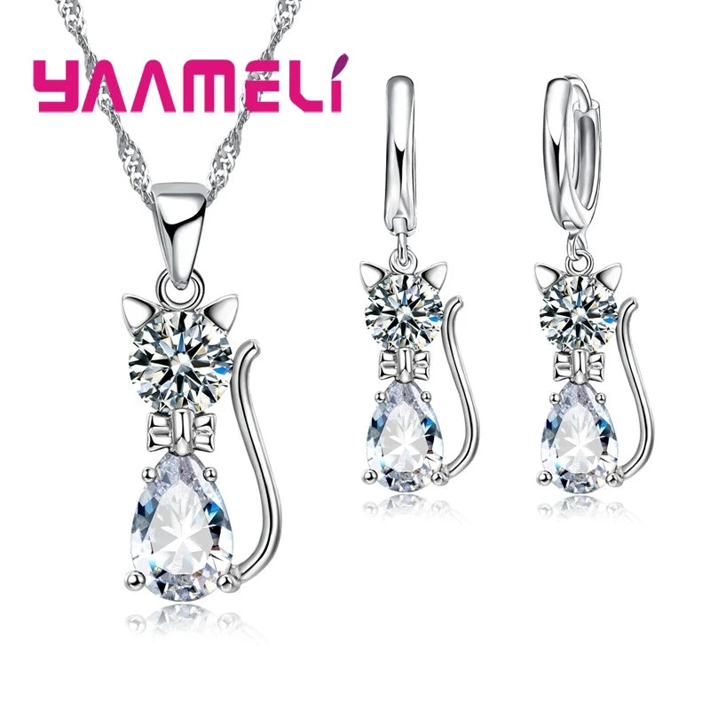 Real 925 Sterling Silver Color Jewelry Sets for Woman Girls Shining Austrian Crystal Cute Cat Pendant Necklace Huggie Earring Good Vibrations