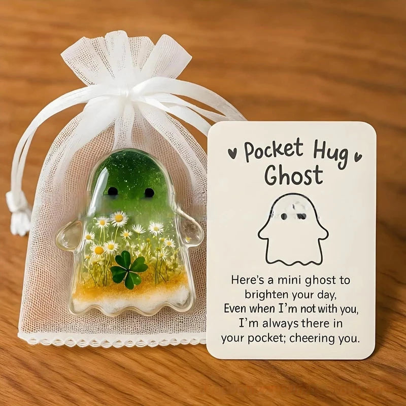 Pocket Hug Ghost Acrylic Charm Set with Card, Mini Emotional Support Gift for Anxiety Relief Halloween Pocket Sea Animal Hugs Good Vibrations