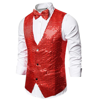 Gold Men's Sequin Vest Jacket, Single-breasted V-neck Sleeveless Vests Coat, Wedding Party Waistcoat Silver Blue Purple Red Tops