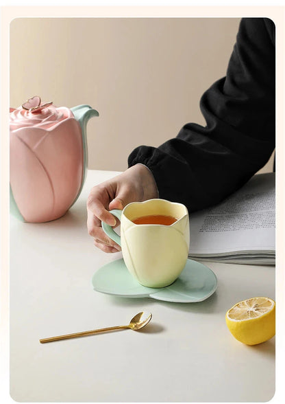 Tulip Luxury Ceramic Coffee Cup Saucer Set with Hand and Dish Milk Tea Cappuccino Tableware 280ml/320ml Birthday Couples Gifts Good Vibrations