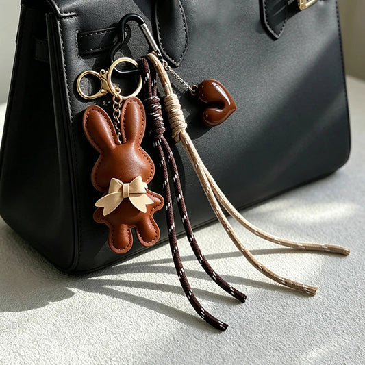 New PU Leather Bunny Keychain Heart Decoration Key Holders Hanging Charm Solid Color Bag Pendant Accessories Gift Good Vibrations
