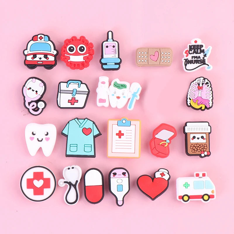10PCS/Pack Medical PVC Shoe Charms Cute Stethoscope Syringe Shoe Buckle Decoration Jibz Fit Croc Kids X-mas Gifts Random Good Vibrations