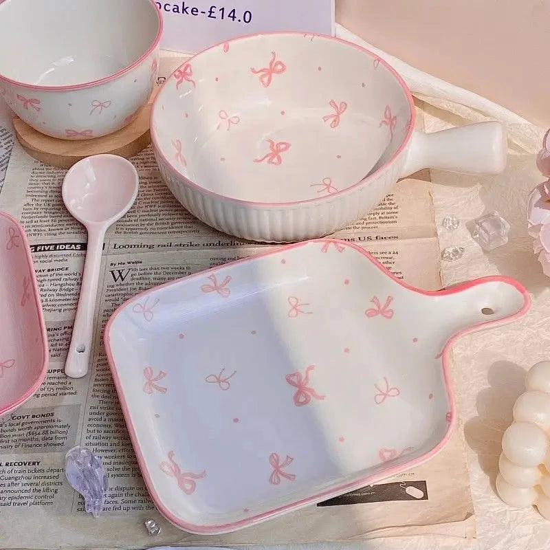 Pink Bow Ceramic Cutlery Set, Dessert Home Tableware Ceramic Handle Bowl Yogurt Cup High Value Breakfast Plate Drinkware Good Vibrations