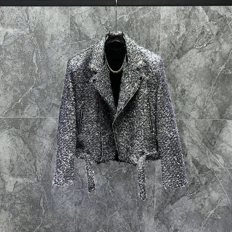 Autumn Winter High-End Bright Silk Design Short Suit Collar Jackets Loose Coat Men Handsome Fashion Trendy Male Solid Color Tops Good Vibrations