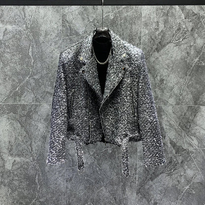 Autumn Winter High-End Bright Silk Design Short Suit Collar Jackets Loose Coat Men Handsome Fashion Trendy Male Solid Color Tops Good Vibrations