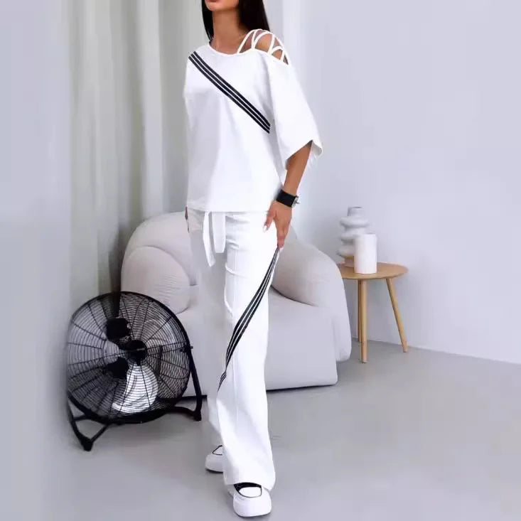 New Fashion Two-piece Women's White Sports Suit Sexy Off Shoulder Loose Sports Shirt+casual Pants Cotton Sportswear Women's Good Vibrations