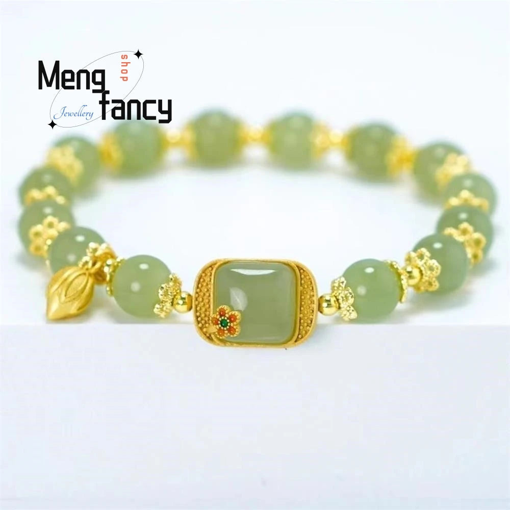 Natural Hetian Jade Bracelet Square Sugar Lotus Bracelet Exquisite Elegant Retro Chinese Style Sexy Young Girls Fashion Jewelry Good Vibrations