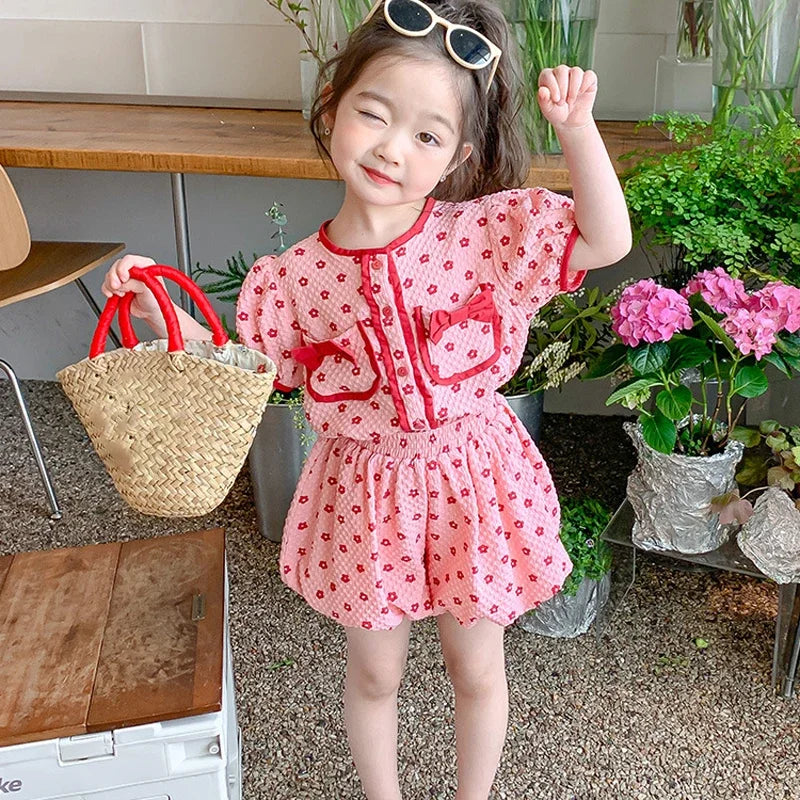 Girls Summer 2025 Children's Clothing Set Pink Cute Clothes Set Bow Blossom Top+ Bud Shorts Two Piece Girls Fashion Kids Outfit Good Vibrations
