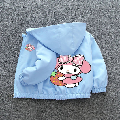 Kuromi Melody Girls Windbreaker Jacket 2024 New Spring Autumn Kid Fashion Cartoon Zipper Hooded Coat Teen Clothing Birthday Gift Good Vibrations