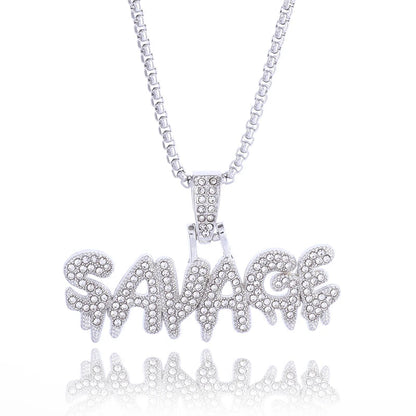Hip Hop Ice Out Square Crystal S-A-V-A-G-E Letter Pendant Necklace for Men and Women Street One Last Party Trendy Jewelry Gift Good Vibrations