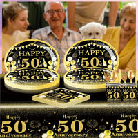 Happy 50th birthday party table supplies, black and gold theme, napkins, 7inch paper cups, tablecloth, plates,  party decoration Good Vibrations