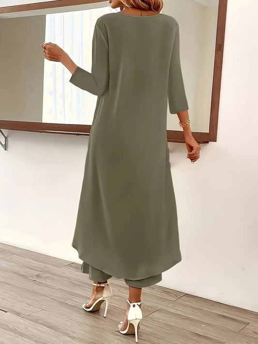 Women's Plus Size Solid Color Two-Piece Set, Casual Round Neck Long Sleeved Slit Top and Solid Color Wide Leg Pants Set Good Vibrations