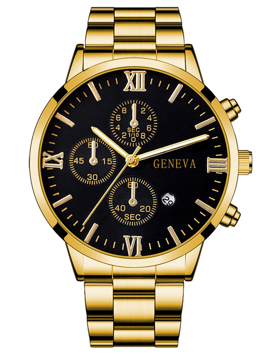 4pcs gold alloy Roman with calendar men's quartz watch and cross necklace bracelet ring set selected gift Good Vibrations