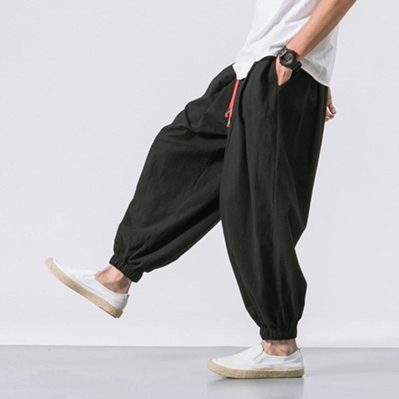 Cotton Linen Harem Pants Men Solid Elastic Waist Streetwear Joggers 2023 New Baggy Drop-crotch Pants Casual Trousers Men Good Vibrations
