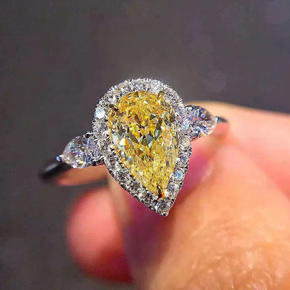 Elegant Yellow Water Drop Shaped Crystal Rhinestone Zircon Ladies Ring for Women Party Wedding Engagement Jewelry Size 6-10 Good Vibrations
