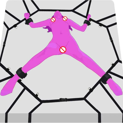 Nylon bondage restraint system with handcuffs and ankle cuffs for couples' BDSM play.