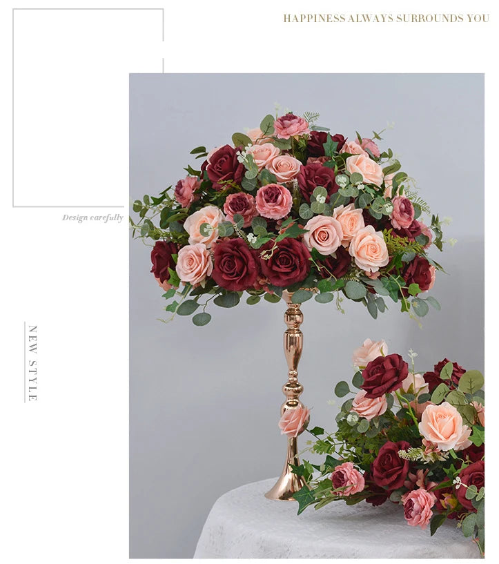 Uflower Red Rose Green Leaf Artificial Flowers Row Arrangement Wedding Table Center Flower ball Event Party Backdrop Decor Props Good Vibrations