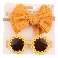 2pcs/set Soft Elastic Children Bowknot Headband Cotton Solid Color Baby Bows Turban Wide Kids Sunglasses Set Girls Headdress Good Vibrations